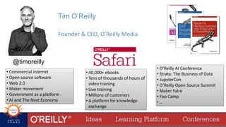 85
Tim O’Reilly
Founder & CEO, O’Reilly Media
@timoreilly
• O’Reilly AI Conference
• Strata: The Business of Data
• Jupyte...