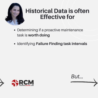 Determining if a proactive maintenance
task is worth doing
Identifying Failure Finding task intervals
But...
Historical Data is often
Effective for
 