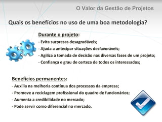 As PráticasE qual é o papel da gestão de projetos nas empresas?ESTRATÉGICO- Planejamento da TI- Controle dos investimentoCOBITTÁTICO- Execução do que foi planejado- Controle da ImplantaçãoPMBOK, SCRUM PRINCE2, XP, RUPOPERACIONAL- Garantia da continuidade dos serviços - Controle da OperaçãoITIL