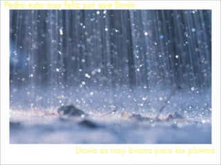 Pedro esta muy feliz por que llovio.




                   Llovia es muy buena para los plantes.
 
