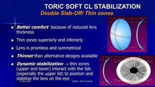  Better comfort because of reduced lens
thickness
 Thin zones superiorly and inferiorly
 Lens is prismless and symmetrical
 Thinner than alternative designs available
 Dynamic stabilization  thin zones
(upper and lower) interact with the lids
(especially the upper lid) to position and
stabilize the lens on the eye
Double Slab-Off/ Thin zones
TORIC SOFT CL STABILIZATION
14 July 2020 Optom. Ankit Varshney 32
 