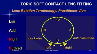 Lens Rotation Terminology: Practitioner View
left
anti-clockwiseclockwise
right
12
6
9 3
Terminology: practitioner viewTerminology: practitioner view
Left
Add
Right
Subtract
TORIC SOFT CONTACT LENS FITTING
14 July 2020 Optom. Ankit Varshney 54
 