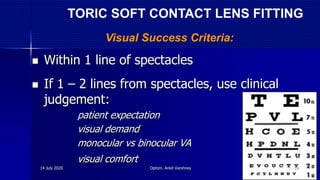  Within 1 line of spectacles
 If 1 – 2 lines from spectacles, use clinical
judgement:
- patient expectation
- visual demand
- monocular vs binocular VA
- visual comfort
Visual Success Criteria:
TORIC SOFT CONTACT LENS FITTING
14 July 2020 Optom. Ankit Varshney 59
 