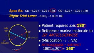 Spec Rx: OD –4.25 / –1.25 x 180 OS –3.25 / –1.25 x 170
Right Trial Lens: –4.00 / –1.00 x 180
 Patient requires axis 180°
 Reference marks: mislocate to
20° ANTICLOCKWISE
 (Mislocation   VA)
 ANTICLOCKWISE = SUBTRACT
180° – 20° = 160°
– with spherical over RX
equires axis 180°
rking: mislocates 20° to the right
ARS, therefore, require 180° – 20° = 160°
order
20°160°
20°
mislocation
180° = desired axis
14 July 2020 Optom. Ankit Varshney 86
 