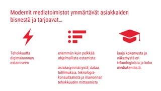 Modernit mediatoimistot ymmärtävät asiakkaiden
bisnestä ja tarjoavat…
Tehokkuutta
digimainonnan
ostamiseen
enemmän kuin pelkkää
ohjelmallista ostamista:
asiakasymmärrystä, dataa,
tutkimuksia, teknologia-
konsultaatiota ja mainonnan
tehokkuuden mittaamista
laaja kokemusta ja
näkemystä eri
teknologioista ja koko
mediakentästä.
 