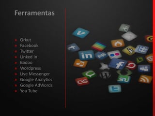 Ferramentas»Orkut»Facebook»Twitter»Linked In»Badoo»Wordpress»Live Messenger»  Google Analytics»  Google AdWords»YouTube