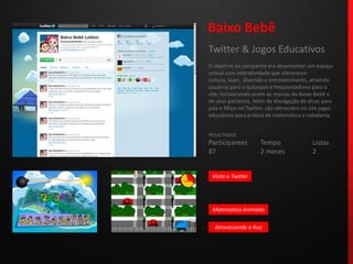 Baixo BebêTwitter & Jogos EducativosO objetivo da campanha era desenvolver um espaço virtual com interatividade que oferecesse cultura, lazer,  diversão e entretenimento, atraindo usuários para o quiosque e freqüentadores para o site, fortalecendo assim as marcas do Baixo Bebê e de seus parceiros. Além da divulgação de dicas para pais e filhos no Twitter, são oferecidos no site jogos educativos para prática de matemática e cidadania.RESULTADOSParticipantes	Tempo		Listas87			2 meses		2Visite o TwitterMatemática AnimadaAtravessando a Rua