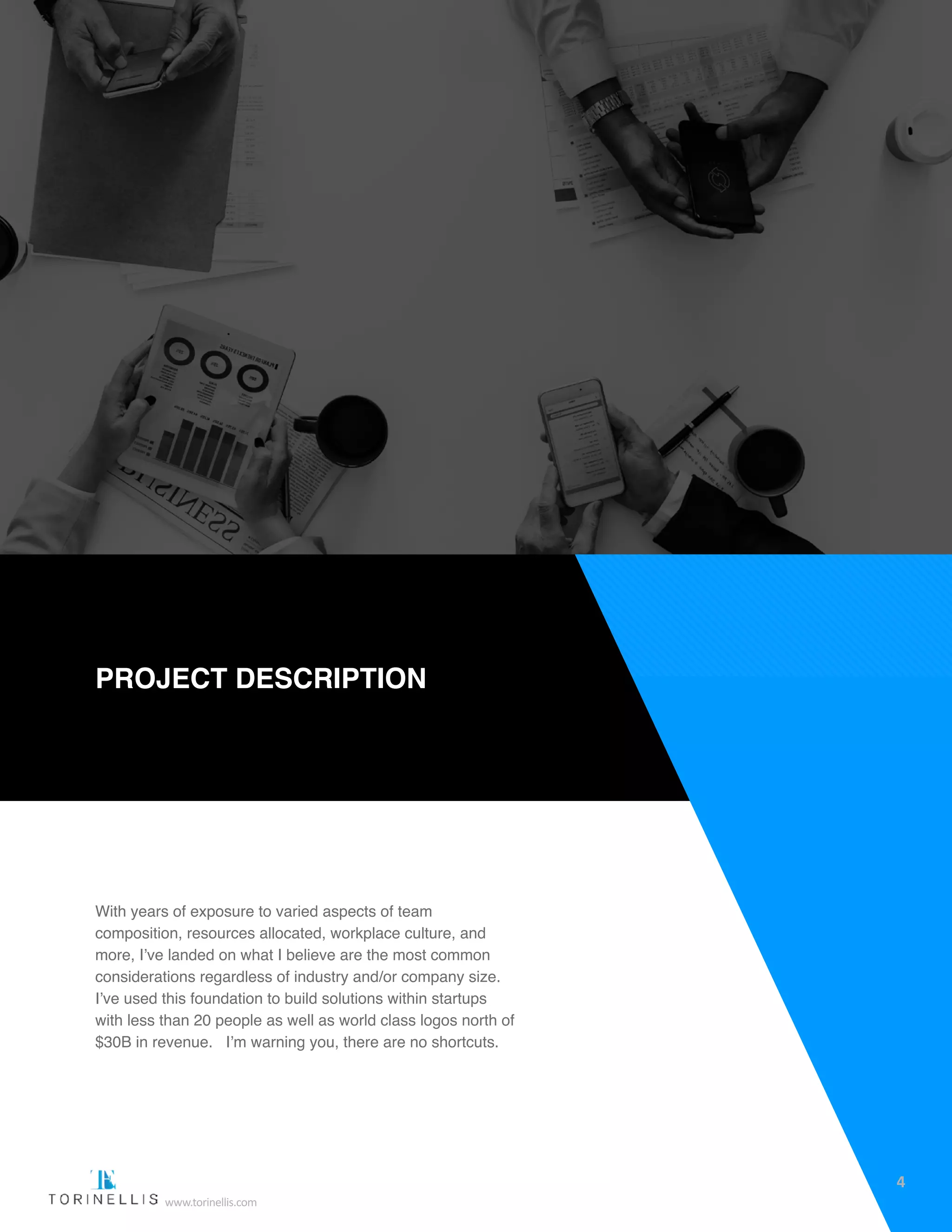 With years of exposure to varied aspects of team
composition, resources allocated, workplace culture, and
more, I’ve landed on what I believe are the most common
considerations regardless of industry and/or company size.
I’ve used this foundation to build solutions within startups
with less than 20 people as well as world class logos north of
$30B in revenue. I’m warning you, there are no shortcuts.
project description
4
www.torinellis.com
 