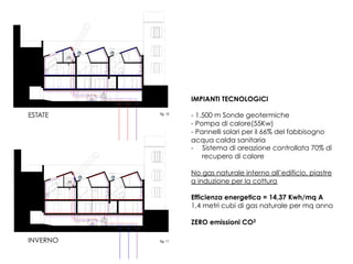 IMPIANTI TECNOLOGICI
- 1.500 m Sonde geotermiche
- Pompa di calore(55Kw)
- Pannelli solari per il 66% del fabbisogno
acqua calda sanitaria
-  Sistema di areazione controllata 70% di
recupero di calore
No gas naturale interno all’edificio, piastre
a induzione per la cottura
Efficienza energetica = 14,37 Kwh/mq A
1,4 metri cubi di gas naturale per mq anno
ZERO emissioni CO2	
  
INVERNO
ESTATE
 