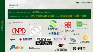 Strength
Strength
弊社の強み
スタートアップからメガベンチャーまで 以上の⼈事部に⼊り
「採⽤戦略構築」から「⼊社」に⾄るまで してきた、
 