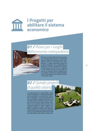 25
I Progetti per
abilitare il sistema
economico
B1 / Piano per i luoghi
dell’economia metropolitana
Il Piano per i luoghi dell’economia metropolita-
na è un progetto di conoscenza e valorizzazione
delle aree industriali da rilanciare in area metro-
politana, nell’ottica di razionalizzazione, riqua-
lificazione e sostegno all’economia: grandi aree
produttive integrate; le aree e i luoghi diffusi per
produzioni e attività consolidate (da recuperare
o trasformare per altri usi); le aree e i luoghi per
i nuovi modelli economici (come gli spazi per
start-up, co-working, FabLab). Il progetto preve-
de di mappare, valutare meccanismi di progetta-
zione e investimento, favorire e gestire l’incontro
tra domanda e offerta.
B2 / Quindiciprogetti
diqualitàurbana
I 15 progetti-pilota per la qualità pubblica urbana
mirano a riqualificare 15 contesti periferici dell’a-
rea torinese, luoghi a “scarsa definizione” ambien-
tale e morfologica, ma con elevato potenziale di
nuove centralità per i cittadini (ad esempio le aree
mercatali, le stazioni del SFM), al fine di: miglio-
rare il livello dei servizi urbani; ampliare e qua-
lificare le aree pedonali, favorire una più sicura
e piacevole relazione tra mezzi di trasporto, con
particolare attenzione a ciclisti e pedoni; inten-
sificare e qualificare le pratiche d’uso degli spazi
verdi; promuovere nuove forme di manutenzione
e presa in carico della gestione dello spazio e degli
immobili pubblici da parte della comunità locale.
 