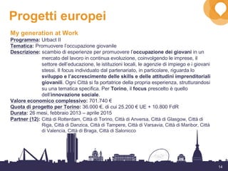 14
Progetti europei
My generation at Work
Programma: Urbact II
Tematica: Promuovere l’occupazione giovanile
Descrizione: scambio di esperienze per promuovere l’occupazione dei giovani in un
mercato del lavoro in continua evoluzione, coinvolgendo le imprese, il
settore dell’educazione, le istituzioni locali, le agenzie di impiego e i giovani
stessi. Il focus individuato dal partenariato, in particolare, riguarda lo
sviluppo e l’accrescimento delle skills e delle attitudini imprenditoriali
giovanili. Ogni Città si fa portatrice della propria esperienza, strutturandosi
su una tematica specifica. Per Torino, il focus prescelto è quello
dell’innovazione sociale.
Valore economico complessivo: 701.740 €
Quota di progetto per Torino: 36.000 €, di cui 25.200 € UE + 10.800 FdR
Durata: 26 mesi, febbraio 2013 – aprile 2015
Partner (12): Città di Rotterdam, Città di Torino, Città di Anversa, Città di Glasgow, Città di
Riga, Città di Danzica, Città di Tampere, Città di Varsavia, Città di Maribor, Città
di Valencia, Città di Braga, Città di Salonicco
 