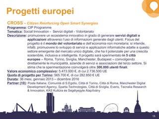 15
Progetti europei
CROSS - Citizen Reinforcing Open Smart Synergies
Programma: CIP Programme
Tematica: Social Innovation - Servizi digitali - Volontariato
Descrizione: promuovere un ecosistema innovativo in grado di generare servizi digitali e
applicazioni attraverso l’uso di informazioni generate dagli utenti. Focus del
progetto è il mondo del volontariato e dell’economia non monetaria: si intende,
infatti, promuovere lo sviluppo di servizi e applicazioni informatiche adatte a questo
settore emergente del mercato unico digitale, che ha il potenziale per una crescita
sostenibile, inclusiva e intelligente. Il progetto sarà sperimentato in 5 città
europee – Roma, Torino, Siviglia, Manchester, Budapest – coinvolgendo
direttamente le municipalità, aziende di servizi e associazioni del terzo settore. Si
stima che la sperimentazione coinvolgerà oltre 300.000 utenti finali.
Valore economico complessivo: 5.473.000 €, di cui 2.736.500 UE
Quota di progetto per Torino: 565.700 €, di cui 282.850 € UE
Durata: 36 mesi, gennaio 2013 – dicembre 2016
Partner (10): Poste Italiane, Comunità di S.Egidio, Città di Torino, Città di Roma, Manchester Digital
Development Agency, Sparta Technologies, Città di Siviglia, Everis, Tecnalia Research
& Innovation, KAS Kultúra és Segélyegyle Alapítvány
 