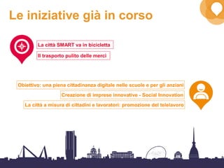 28
Le iniziative già in corso
La città SMART va in bicicletta
Il trasporto pulito delle merci
Obiettivo: una piena cittadinanza digitale nelle scuole e per gli anziani
Creazione di imprese innovative - Social Innovation
La città a misura di cittadini e lavoratori: promozione del telelavoro
 