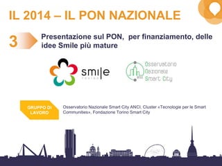 33
IL 2014 – IL PON NAZIONALE
Presentazione sul PON, per finanziamento, delle
idee Smile più mature3
Osservatorio Nazionale Smart City ANCI, Cluster «Tecnologie per le Smart
Communities», Fondazione Torino Smart City
GRUPPO DI
LAVORO
 