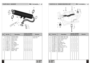 1 24 1652 85 Cross member assly comp. 1 -- – 1
1a AS 1600 28 Cross member assly comp. -- 1 1 –
2 24 1609 13 Engine foundation block 2 2 2 2
3 39 1829 12 Spring washer 2 2 2 2
4 59 1500 12 Nut nyloc 2 2 2 –
5 24 1610 03 Bolt flanged-m10 1 1 1 1
6 21 1604 17 Reinforcement plate 2 2 2 2
7 24 1609 24 Rubber plug 2 2 2 2
8 39 0302 15 Hexagon nut-m10x1.5 2 2 2 2
9 39 0462 04 Bolt hexagon m8 x 1.25 2 2 2 –
10 39 0248 11 Washer - plain 2 2 2 2
11 39 0251 11 Washer - plain 1 1 1 1
12 KD BC08 18 Washer - plain 2 2 2 2
13 39 0267 12 Spring washer 1 1 1 1
1 24 1018 75 Assembly silencer 1 -- 1 1 for SAI with CAT
24 1018 88 Assembly silencer 1 – -- 1 without
1a 24 1017 78 Silencer comp. -- 1 – –
2 AP 1011 94 Gasket silencer 1 1 1 1
3 39 0289 15 Hex nut 2 2 2 2
4 39 0200 11 Plain washer 2 2 2 2
5 39 0265 12 Spring washer 2 2 2 2
6 39 2157 04 Hex bolt/flange-m8 1 1 1 1
7 24 2314 22 Plain washer 1 1 1 1
8 39 0289 15 Hex nut 1 1 1 1
9 AP 1010 52 Gasket for silencer 2 2 2 2
10 KA DA06 16 Bolt-flange-kad 12 12 12 12
11 39 1665 11 Washer - seal 12 12 12 12
CAT
26 27
24 - PETROL
AG - LPG
AS - CNG
24 - PETROL
AG - LPG
AS - CNG
2S
2S 2S
2S
PLATE NO. 24 : ENGINE MOUNTING UNIT
PLATE NO.23 : SILENCER
No. Part No. Description Remarks
Qty/Veh.-ES
24 AG AS
NES
24
No. Part No. Description Remarks
Qty/Veh.-ES
24 AG AS
NES
24
No. Part No. Description Remarks
Qty/Veh.-ES
24 AG AS
NES
24
No. Part No. Description Remarks
Qty/Veh.-ES
24 AG AS
NES
24
1
4
3
2 7
7
6
6
8
10
13
12
11
8
9
5
4
5
6
1
8
9
10
11
9
4
2
5
3
 