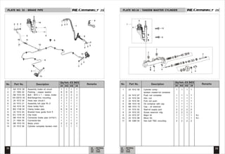 1 AA 1510 38 Assembly brake oil circuit 1 1 1 1
2 21 1504 22 Packing - copper washer 8 8 8 1
3 AB 1510 49 Bolt - M10 x 1 :- banjo, brake 3 3 3 3
4 KA DD10 30 Bolt-flange-tmc mounting 2 2 2 2
5 24 1512 34 Hose rear circuit-1 1 1 1 1
6 24 1512 21 Assembly brk pipe Rr.-2 1 1 1 1
7 AA 1510 39 Hose brake front 1 1 1 1
8 BG 1138 04 Clamp brake pipe 6 6 6 6
9 24 1512 45 Bracket hose guide front fl 1 1 1 1
10 EC 1318 35 Clip hose 1 1 1 1
11 AB 1510 50 Connector brake pipe (m10x1) 1 1 1 1
12 21 1504 29 Connector-tee 1 1 1 1
13 AB 1510 53 Banjo union 2 2 2 2
14 24 1512 58 Cylinder complete tandem mstr 1 1 1 1
1 24 1512 58 Cylinder comp.- 1 1 1 1
tandem master+oil container
2 24 1510 87 Push rod complete 1 1 1 1
3 24 1510 94 Hex. nut 1 1 1 1
4 24 1510 90 Fork rod push 1 1 1 1
5 AB 1510 54 Oil container with cap 1 1 1 1
6 AB 1510 72 Cap - oil reservoir 1 1 1 1
7 24 1510 92 Seal-oil supply port 2 2 2 2
8 24 1510 93 Screw reservoir mtg. 2 2 2 2
9 24 1510 97 Major kit 1 1 1 1 N.I.
10 24 1510 98 Minor Kit 1 1 1 1 N.I.
11 39 1389 04 Hex bolt TMC mounting 2 2 2 2
38 39
24 - PETROL
AG - LPG
AS - CNG
24 - PETROL
AG - LPG
AS - CNG
2S
2S 2S
2S
PLATE NO. 33 : BRAKE PIPE PLATE NO.34 : TANDEM MASTER CYLINDER
7
8
8
3
4
7
1
2
6
6
13
13
No. Part No. Description Remarks
Qty/Veh.-ES
24 AG AS
NES
24
No. Part No. Description Remarks
Qty/Veh.-ES
24 AG AS
NES
24
No. Part No. Description Remarks
Qty/Veh.-ES
24 AG AS
NES
24
No. Part No. Description Remarks
Qty/Veh.-ES
24 AG AS
NES
24
4
11
10
12
2 2 3
6
3
13
13
2
2
2
8
5
7
14
9
2
2
2
2 3
3
9
 
