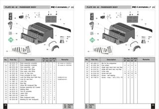 1 AA 2312 16 Body assembly complete 1 – – 1 ED coated no- 52AA4031
1a AF 2311 71 Body assembly complete – 1 1 – ED coated no- 52AF4002
2 BA 2310 58 Door assembly - rear 1 1 1 1
3 24 2315 82 Door assly. side filling 1 – – 1
3a AF 2311 60 Door assly. side filling – 1 1 –
4 24 2312 45 Knob for rear door 2 2 2 2
5 24 2301 76 Knob complete for door 1 1 1 1
6 36 2440 44 Lock fuel filling door With Key 1 1 1 1 Lock(24181144)
7 36 2440 24 Lock for rear door 1 1 1 1 Lock(24230197)
8 01 1607 17 Lock Clip 2 2 2 2
9 24 2301 85 Mud flap 2 2 2 2
10 24 2311 57 Stripe RE mudguard flap 2 -- -- 2
11 24 1651 37 Bumper assembly ED Coated 1 1 1 1
12 24 2314 73 Matting Rear 1 1 1 1
13 24 2210 18 Tool kit complete 1 1 1 1
14 AF 1610 40 Label CNG -- -- 1 –
15 AM 1610 20 Label LPG -- 1 – –
16 25 2310 62 Rear mudguard assly 2 – – 2
17 25 2310 64 Beading for rear mudguard 2 – – 2
18 AS 2200 01 Bkt for fire extiguisher – – 1 –
19 24 2301 98 Pad rubber 4 4 4 4
20 24 2310 90 Angle right hand rear mud flap 1 – – 1
21 24 2310 91 Angle left hand rear mud flap 1 – – 1
22 24 2314 99 Cover side 2 2 2 2
23 24 2316 30 Screw self drill 10 10 10 10
24 39 0553 02 Screw - self tapping – 4 4 –
25 39 1783 01 Screw - truss :- m5 x 0.8 x 10 – 2 2 –
48 49
24 - PETROL
AG - LPG
AS - CNG
24 - PETROL
AG - LPG
AS - CNG
2S
2S 2S
2S
No. Part No. Description Remarks
Qty/Veh.-ES
24 AG AS
NES
24
No. Part No. Description Remarks
Qty/Veh.-ES
24 AG AS
NES
24
No. Part No. Description Remarks
Qty/Veh.-ES
24 AG AS
NES
24
No. Part No. Description Remarks
Qty/Veh.-ES
24 AG AS
NES
24
PLATE NO. 42 : PASSENGER BODY PLATE NO. 42 : PASSENGER BODY
7
13
17
16
1
2
6
8
8
4 4
11
5
3
14
15
18
9
10
20,21
7
13
17
16
1
2
6
8
8
4 4
11
5
3
14
15
18
9
10
20,21
 