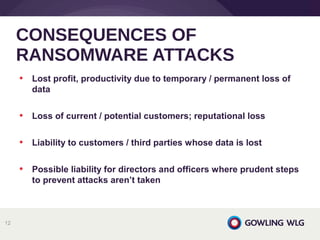 • Lost profit, productivity due to temporary / permanent loss of
data
• Loss of current / potential customers; reputational loss
• Liability to customers / third parties whose data is lost
• Possible liability for directors and officers where prudent steps
to prevent attacks aren’t taken
CONSEQUENCES OF
RANSOMWARE ATTACKS
12
 
