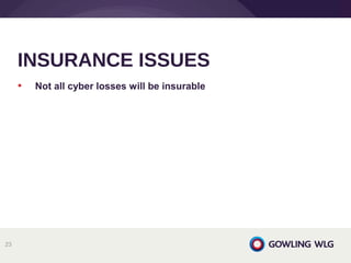 • Not all cyber losses will be insurable
INSURANCE ISSUES
23
 