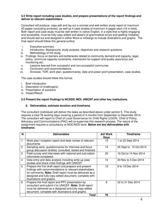 6
5.5 Write report including case studies, and prepare presentations of the report findings and
deliver to relevant stakeholders
Consultant will produce, copy edit and lay out a concise and well written study report of maximum
40 pages (excluding annexes), as well as 4 case studies of maximum 4 pages each (16 in total).
Both report and case study must be well written in native English, in a style that is highly engaging
and accessible, must be fully copy edited and absent of grammatical errors and spelling mistakes,
and should laid out and designed in either Word or InDesign to include illustrations and graphs. The
final report should follow this general outline:
i. Executive summary
ii. Introduction: Background, study purpose, objectives and research questions
iii. Methodology of the study
iv. Findings: focus on barriers and bottlenecks related to community demand and capacity, legal,
policy, commune capacity constraints, mechanism for support and quality assurance and
monitoring etc.
v. Lessons learned from successful and non-successful communes
vi. Conclusion and recommendations
vii. Annexes: TOR, work plan, questionnaires, data and power point presentation, case studies.
The case studies should follow this format:
i. Brief introduction
ii. Description of challenge(s)
iii. Presentation of solutions
iv. Impact/Result
5.5 Present the report findings to NCDDS/ MOI, UNICEF and other key institutions.
6. Deliverables, estimate duration and timeframe
The consultant (individual) will deliver the tasks as described above under section 5. This study
requires a total 78 working days covering a period of 4 months from September to December 2014.
The consultant will report to Chief of Local Governance for Child Rights (LGCR). Chief of Policy,
Advocacy and Communications (PAC) will co-supervise this research process. The nature of the
assignment requires a consultancy at NOC/NOD level. Below are key deliverables with
timeframe:
N Deliverables #of Work
Days
Timeframe
1 Work plan/ inception report and desk review of relevant
documents
15 1 to 22 Sept 2014
2 Sampling work, questionnaires for interview and focus
group discussion drafted, consulted, tested and finalized.
15 25 Sept to 15 Oct 2014
3 Field survey and interviews with national and sub-nation
informants completed.
20 16 Oct to 14 Nov 2014
4 Data entry and data analysis including write up case
studies and share initial findings with UNICEF
10 20 Nov to 5 Dec 2014
5 Prepare the first draft report and prepare and present
findings with recommendations to relevant stakeholders
for comments. Note: Draft report must be delivered as a
designed and fully copy edited document, complete with
illustrations and graphs
10 8 to 19 Dec 2014
6 Prepare the final report and PPT presentation by
consultant and submit it to UNICEF. Note: Draft report
must be delivered as a designed and fully copy edited
document, complete with illustrations and graphs
8 22 to 31 Dec 2014
Total 78
 