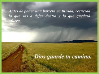 Antes de poner una barrera en tu vida, recuerda lo que vas a dejar dentro y lo que quedará afuera. Dios guarde tu camino. 