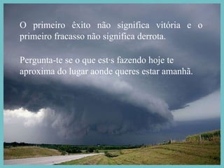O primeiro êxito não significa vitória e o primeiro fracasso não significa derrota. Pergunta-te se o que estás fazendo hoje te aproxima do lugar aonde queres estar amanhã. 