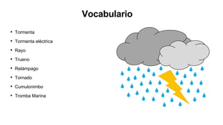 Vocabulario
• Tormenta
• Tormenta eléctrica
• Rayo
• Trueno
• Relámpago
• Tornado
• Cumulonimbo
• Tromba Marina
 