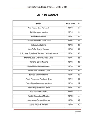 Escola Secundária de Seia – 2010-2011


                   LISTA DE ALUNOS


                  NOME                        Ano/Turma     Nº

         Ana Teresa Dias Fernando               10º C       3

           Daniela Abreu Martins                10º C       6

            Filipe Boto Martins                 10º C       8

      Gonçalo Alexandre Pinto Lopes             10º C       9

             Inês Almeida Silva                 10º C       10

         Inês Sofia Duarte Fonseca              10º C       11

João José Figueiredo Almeida Lavrador Sousa     10º C       13

    Mariana João Craveiro Garcia Clara          10º C       15

          Mariana Nereu Magina                  10º C       16

        Miguel Filipe Costa Carmelo             10º C       17

        Miguel José Pinheiro Lopes              10º C       18

          Patrícia Jesus Abrantes               10º C       19

      Paulo Alexandre Patrão da Cruz            10º C       20

      Pedro Miguel de Jesus Monteiro            10º C       22

        Pedro Miguel Teixeira Silva             10º C       23

           Ana Isabel H. Coelho                 10º D       1

         Beatriz Gonçalves Mendes               10º D       4

        João Mário Santos Marques               10º D       12

          Joana Filipa B. Almeida               10º D       10


                                                        Página 5
 