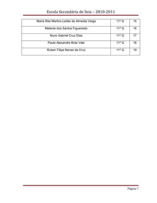 Escola Secundária de Seia – 2010-2011

Maria Rita Martins Leitão de Almeida Veiga     11º G       15

     Melanie dos Santos Figueiredo             11º G       16

         Nuno Gabriel Cruz Dias                11º G       17

       Paulo Alexandre Brás Vale               11º G       18

       Ruben Filipe Neves da Cruz              11º G       19




                                                       Página 7
 