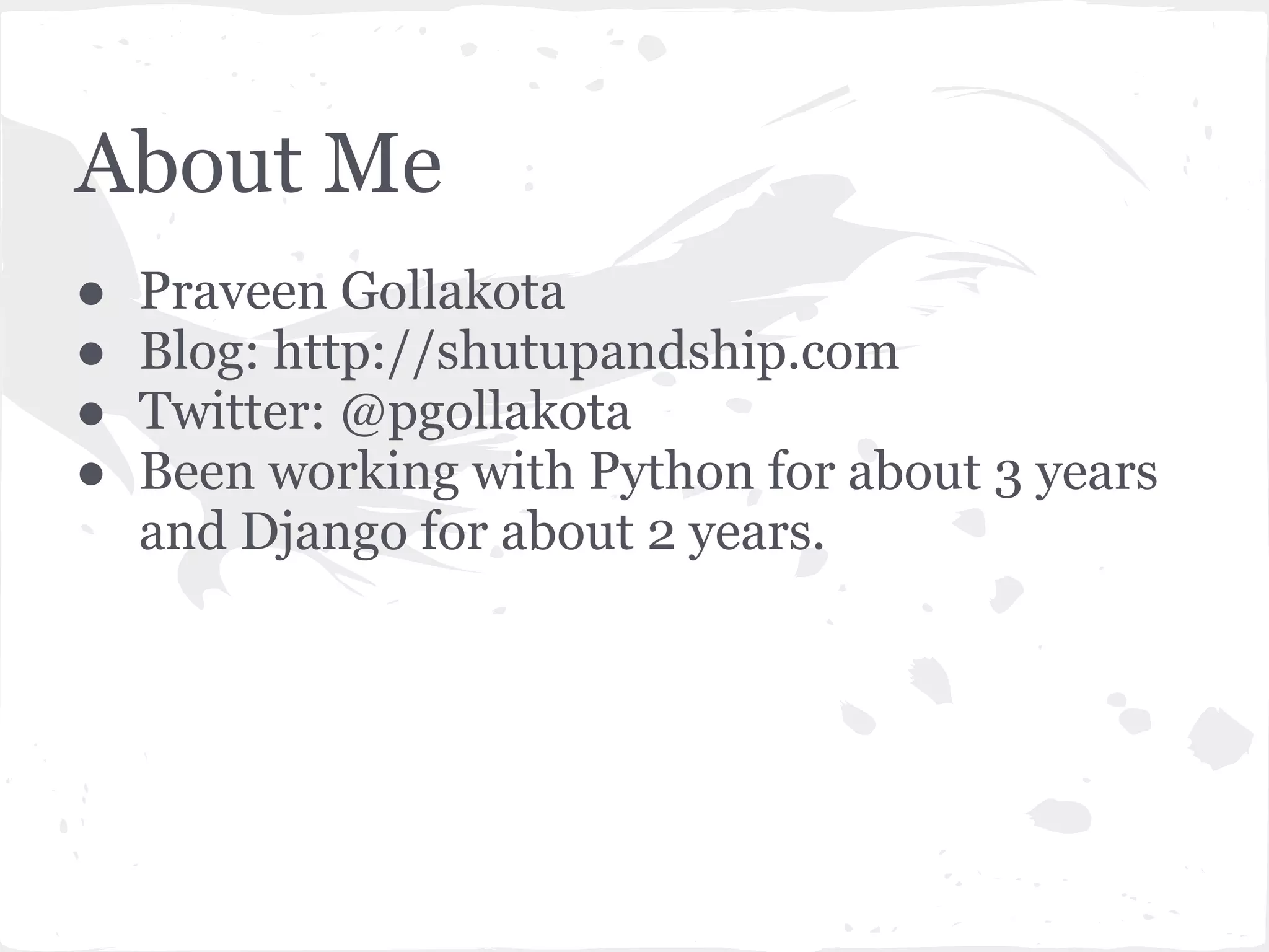 Agenda ● Tornado at a glance ● Sockets background ● I/O monitoring - select, poll, epoll ● Tornado server setup loop ● Tornado request - response loop ● Tornado vs. Apache 