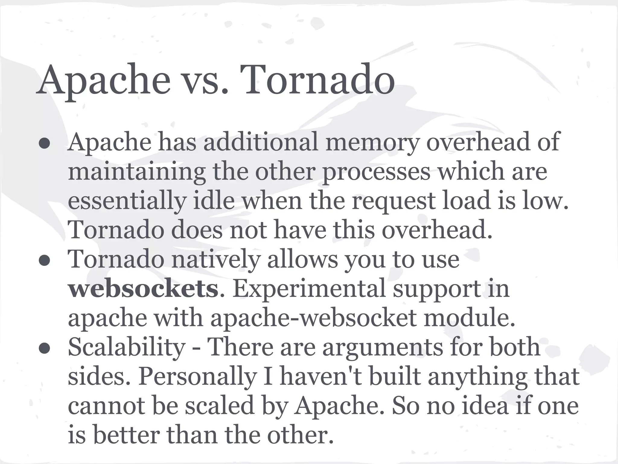 worker MPM ● Within each child process there will exist a number of worker threads. ● The request may be processed by a worker thread within a child process which already has other worker threads handling other requests at the same time. 