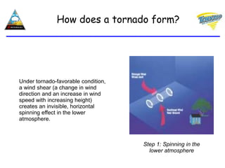How does a tornado form?
Under tornado-favorable condition,
a wind shear (a change in wind
direction and an increase in wind
speed with increasing height)
creates an invisible, horizontal
spinning effect in the lower
atmosphere.
Step 1: Spinning in the
lower atmosphere
 