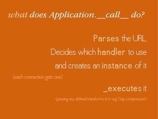 what does Application.__call__ do?
Parses the URL
Decides which handler to use
and creates an instance of it
(each connection gets one)
_executes it
(passing any defined transforms to it –e.g, Gzip compression)
 