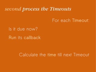 For each Timeout:
Is it due now?
Run its callback
Calculate the time till next Timeout
second process the Timeouts
 