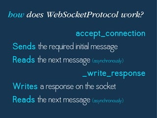 how does WebSocketProtocol work?
accept_connection
Sends the required initial message
Reads the next message (asynchronously)
_write_response
Writes a response on the socket
Reads the next message (asynchronously)
 