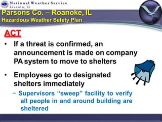 Parsons Co. – Roanoke, IL
Hazardous Weather Safety Plan
ACT
• If a threat is confirmed, an
announcement is made on company...