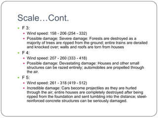Scale…Cont. F 3: Wind speed: 158 - 206 (254 - 332)Possible damage: Severe damage: Forests are destroyed as a majority of trees are ripped from the ground; entire trains are derailed and knocked over; walls and roofs are torn from housesF 4:Wind speed: 207 - 260 (333 - 418)Possible damage: Devastating damage: Houses and other small structures can be razed entirely; automobiles are propelled through the air.F 5:Wind speed: 261 - 318 (419 - 512)Incredible damage: Cars become projectiles as they are hurled through the air; entire houses are completely destroyed after being ripped from the foundation and sent tumbling into the distance; steel-reinforced concrete structures can be seriously damaged.