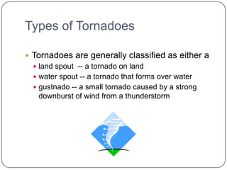 Types of TornadoesTornadoes are generally classified as either aland spout  -- a tornado on landwater spout -- a tornado that forms over watergustnado -- a small tornado caused by a strong downburst of wind from a thunderstorm