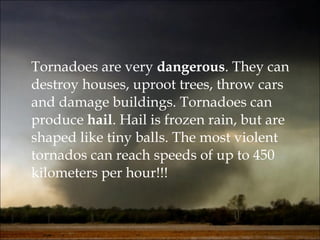 Tornadoes are very  dangerous . They can destroy houses, uproot trees, throw cars and damage buildings. Tornadoes can produce  hail . Hail is frozen rain, but are shaped like tiny balls. The most violent tornados can reach speeds of up to 450 kilometers per hour!!!  