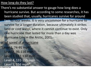 How long do they last?There’s no substantial answer to gauge how long does a hurricane survive. But according to some researches, it has been studied that, usually, hurricanes survive for around two to four weeks. It is very uncommon for a hurricane to survive for a longer duration, because ultimately it strikes land or cold water, where it cannot continue to exist. Only one hurricane that lasted for more than a day was Hurricane Erin in the Arctic, 2001.Wind speed of a hurricane"Level 1, 74-95 mphLevel 2, 96-110 mphLevel 3, 111-130 mphLevel 4, 131-155 mphLevel 5, 156 mph”