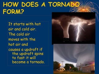 HOW DOES A TORNADO FORM? It starts with hot  air and cold air.  The cold air  moves with the  hot air and  causes a updraft if the updraft spins to fast it will become a tornado. 