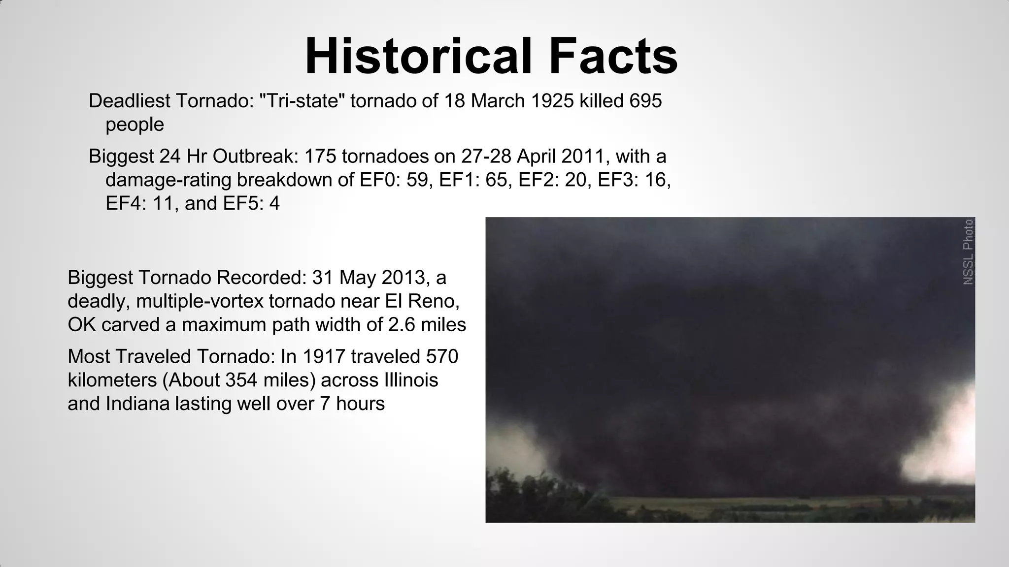 Historical Facts
Deadliest Tornado: "Tri-state" tornado of 18 March 1925 killed 695
people
Biggest 24 Hr Outbreak: 175 tornadoes on 27-28 April 2011, with a
damage-rating breakdown of EF0: 59, EF1: 65, EF2: 20, EF3: 16,
EF4: 11, and EF5: 4

Biggest Tornado Recorded: 31 May 2013, a
deadly, multiple-vortex tornado near El Reno,
OK carved a maximum path width of 2.6 miles
Most Traveled Tornado: In 1917 traveled 570
kilometers (About 354 miles) across Illinois
and Indiana lasting well over 7 hours

 