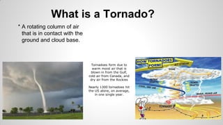 What is a Tornado?
* A rotating column of air
that is in contact with the
ground and cloud base.

Tornadoes form due to
warm moist air that is
blown in from the Gulf,
cold air from Canada, and
dry air from the Rockies
Nearly 1300 tornadoes hit
the US alone, on average,
in one single year.

 