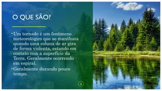 O QUE SÃO?
•Um tornado é um fenômeno
meteorológico que se manifesta
quando uma coluna de ar gira
de forma violenta, estando em
contato com a superfície da
Terra. Geralmente ocorrendo
em espiral.
•Geralmente durando pouco
tempo.
1
 