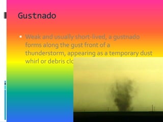 GustnadoWeak and usually short-lived, a gustnado forms along the gust front of a thunderstorm, appearing as a temporary dust whirl or debris cloud.