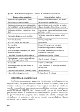 202
Quadro 1. Características cognitivas e afetivas de indivíduos superdotados
Características cognitivas Características afetivas
Vocabulário avançado para a idade Perfeccionismo na realização das tarefas
Ritmo de aprendizagem rápido Senso de justiça exacerbado
Habilidades de pensamento criativo (fluên-
cia, flexibilidade e originalidade de ideias)
Alto nível de energia envolvido na realiza-
ção de atividades. Intensidade emocional
Habilidades de leitura e escrita em tenra
idade
Interesse por problemas filosóficos,morais,
políticos e sociais
Habilidades de pensamento analítico
Tendência a questionar regras e autori-
dade
Interesses diversos Paixão por aprender
Grande poder de concentração Persistência
Boa memória Desenvolvimento moral avançado
Imaginação vívida Consciência aguçada de si mesmo
Grande bagagem de informações sobre
temas de interesse
Facilidade para interagir com crianças
mais velhas ou adultos
Preferência pelo trabalho independente Dificuldade em aceitar críticas
Habilidade para perceber discrepâncias
entre ideias e pontos de vista
Grande empatia pelo outro
Curiosidade Grande sensibilidade
Interesse por livros e outras fontes de
conhecimento
Tédio em relação às atividades curricula-
res regulares
Facilidade para entender princípios gerais Senso de humor
Independência de pensamento Independência de valores
Estereótipo do superdotado
Predomina ainda em nossa sociedade o estereótipo do indivíduo superdotado
como excêntrico, desajustado emocionalmente e isolado socialmente, além de ser
franzino e usar óculos de lentes grossas. Várias pesquisas assinalam que o indivíduo
com alto potencial tende a apresentar maior estabilidade emocional e ajustamento
social (ALENCAR; FLEITH, 2001). Isto não significa que ele seja “imune” a qual-
quer problema afetivo. É importante esclarecer, entretanto, que não é a superdota-
ção que “provocará” tais desajustes, mas a maneira como ocorre a interação entre
este indivíduo e o ambiente, ou seja, em que extensão a sua condição de vida está
em sintonia com as suas necessidades.
EdInc_Rev2.indd 202 9/22/09 4:58:16 PM
 