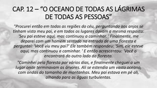 CAP. 12 – “O OCEANO DE TODAS AS LÁGRIMAS
DE TODAS AS PESSOAS”
"Procurei então em todas as regiões do céu, perguntando aos anjos se
tinham visto meu pai, e em todos os lugares davam a mesma resposta:
'Seu pai esteve aqui, mas continuou a caminhar. ' Finalmente, me
deparei com um homem sentado na entrada de uma floresta e
perguntei: 'Você viu meu pai?' Ele também respondeu: 'Sim, ele esteve
aqui, mas continuou a caminhar. ' E então acrescentou: 'Você o
encontrará do outro lado da floresta.
"Caminhei pela floresta por vários dias, e finalmente cheguei a um
lugar onde terminavam as árvores. Ali se estendia um vasto oceano,
com ondas do tamanho de montanhas. Meu pai estava em pé ali,
olhando para as águas turbulentas.
 