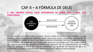 CAP. 4 – A FÓRMULA DE DEUS
3. NÓS CRIAMOS NOSSAS VIDAS DEPENDENDO DA FORÇA COM A QUAL NOS
CONECTAMOS.
Há uma escolha a ser feita a cada momento. Temos o poder de escolher nossa realidade. A cada
momento, nos conectamos em diferentes níveis com a Luz e com a Escuridão, dependendo de
nossas ações. Na medida em que nossas ações estiverem conectadas com Deus, experienciaremos
Luz e satisfação. Na medida em que nossas ações estiverem conectadas com a Escuridão e com o
ego, experienciaremos dor. Quando escolhemos nos aproximar da Luz, experienciamos um nível
maior de satisfação e menos dor. Quando escolhemos nos aproximar da natureza do ego e da
ausência da Luz de Deus, aumenta nossa experiência de dor e diminui nossa satisfação.
 