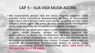 CAP. 5 – SUA VIDA MUDA AGORA
• Nós esquecemos porque está em nossa natureza esquecer. Anos
vivendo numa consciência desconectada de Deus se acumularam
sobre nós e nos cobriram como uma concha, ao ponto em que nossa
natureza divina agora não passa de uma chama piloto tremeluzindo
numa vasta escuridão de comportamento egoísta, mecânico.
• Precisamos de um plano para seguir a cada momento de nossas vidas
- agora, neste instante, porque no instante seguinte nós
esqueceremos, e depois nos lembraremos de novo. A Fórmula de
Deus não pode ser simplesmente mais uma coisa que sabemos. Deve
ser lembrada constantemente com clareza. O ataque sobre o ego e o
processo de compartilhar transformador devem se tornar nosso
sistema operacional: SISTEMA OPERACIONAL DEUS. UMA GOTA DE
SER VALE UM QUILO DE SABER.
 